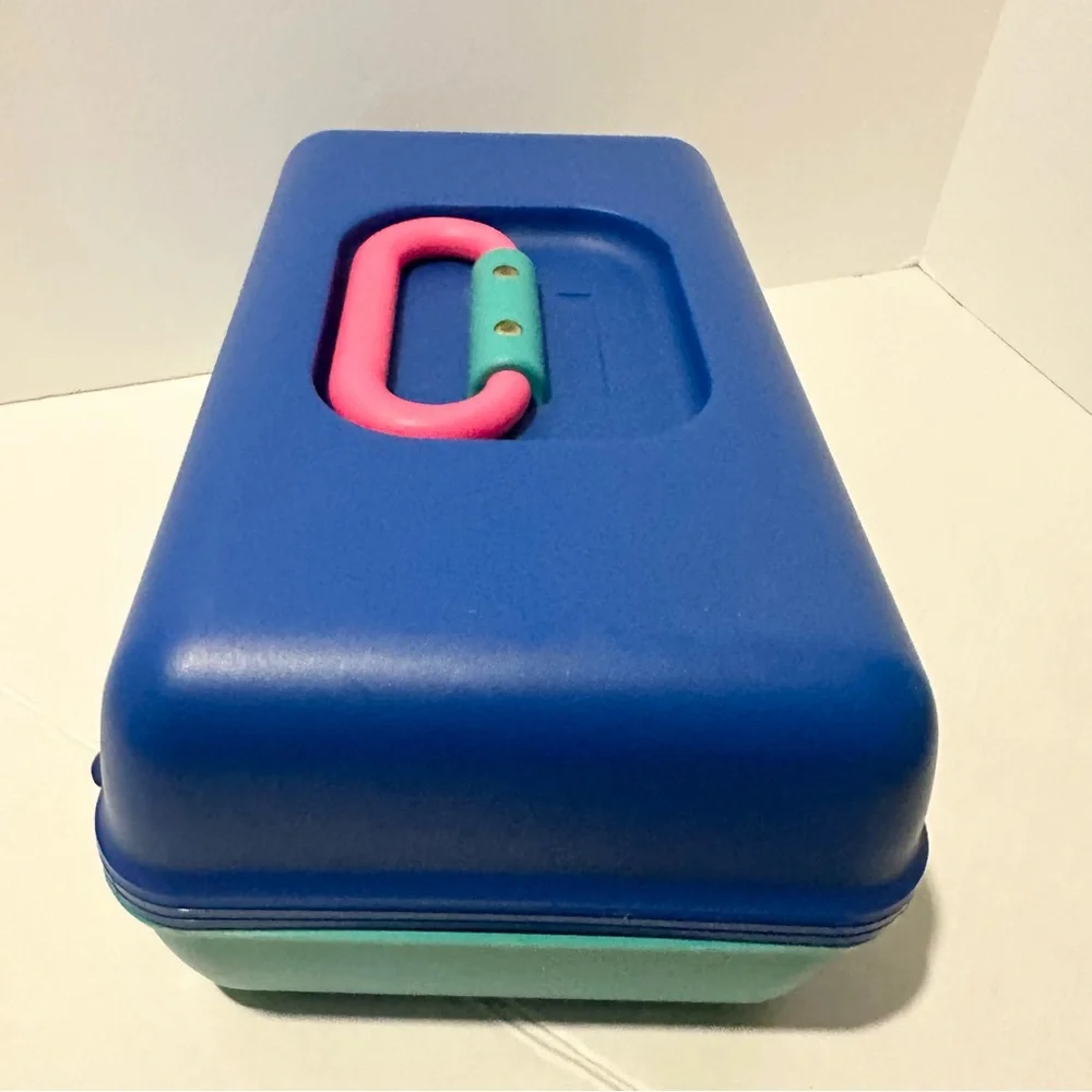 Vintage Cali Caboodle Blue Teal Pink Makeup Case Organize Sliding Tray 2602